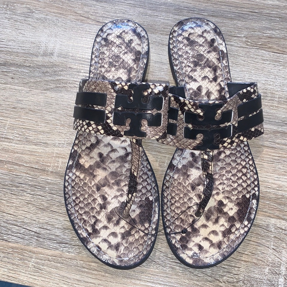 Tory Burch Snake Print Leather Thong Sandals with Black Logo Accent